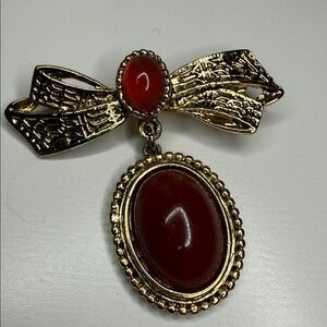 Vintage Elegant Gold tone and Red dangle Bow brooch pin dainty adorable